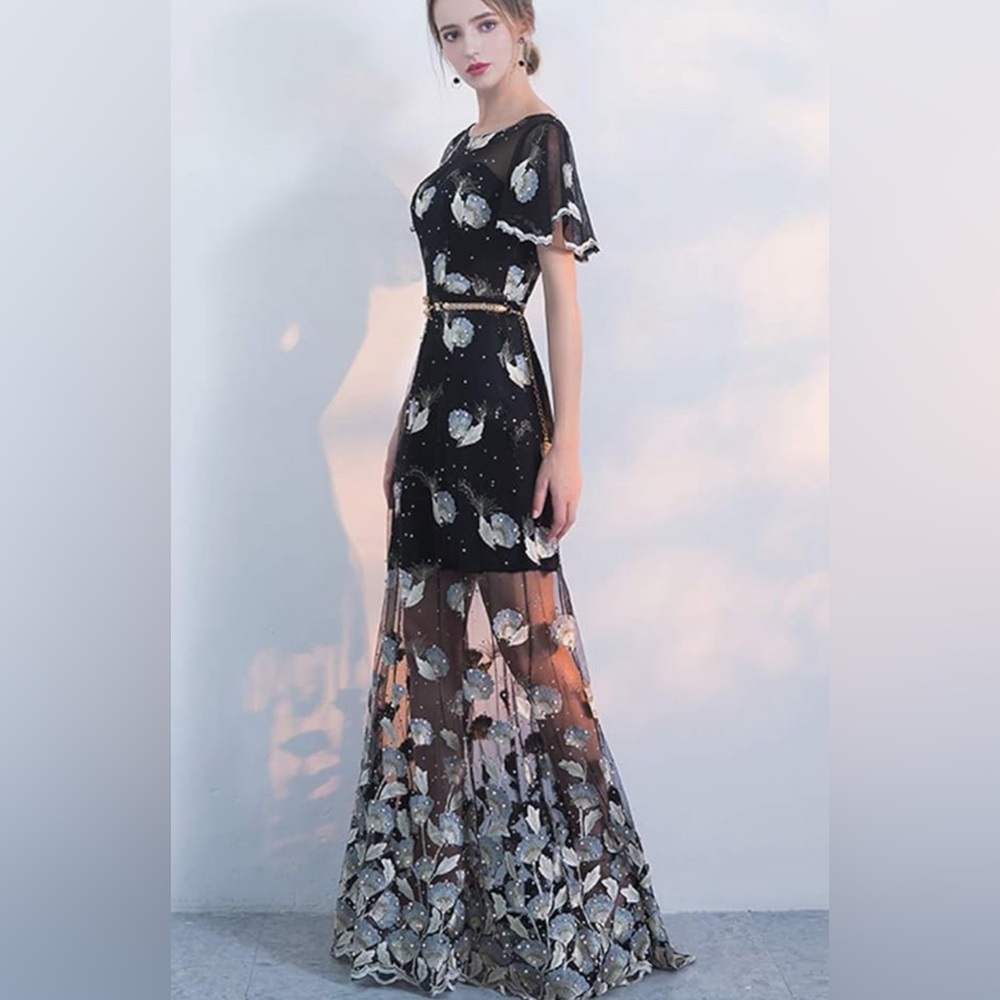 NWT SOLOVEDRESS Women's Printer Prom Dress Short Sleeves Evening Gown Women sz10